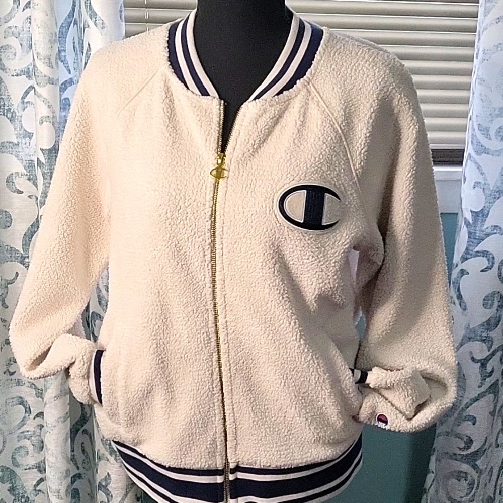 Champion cream and navy medium 10/12 zipper, fleece baseball jacket